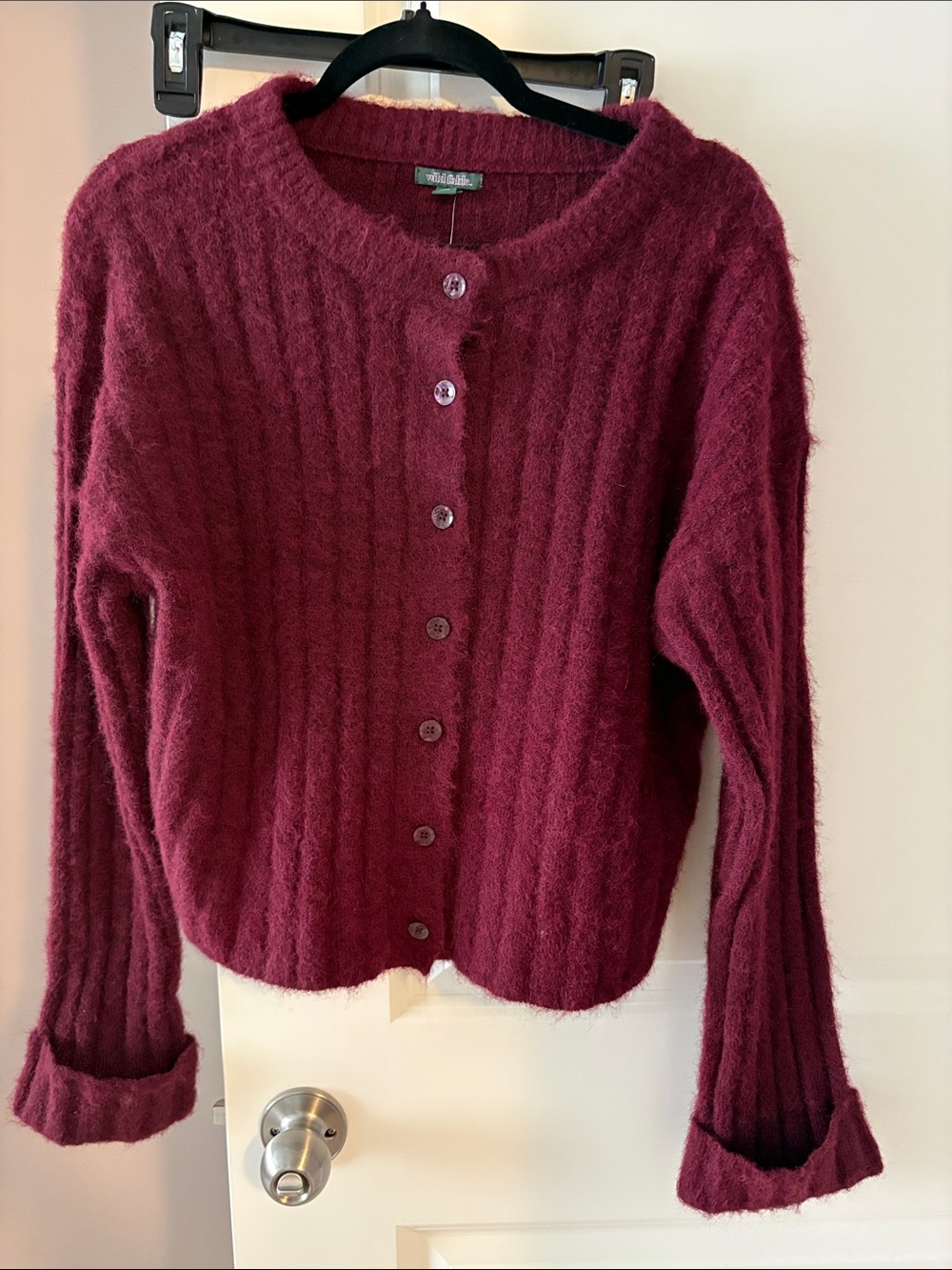wild fable Wine-Red Ribbed Fuzzy Button-Up Cardigan